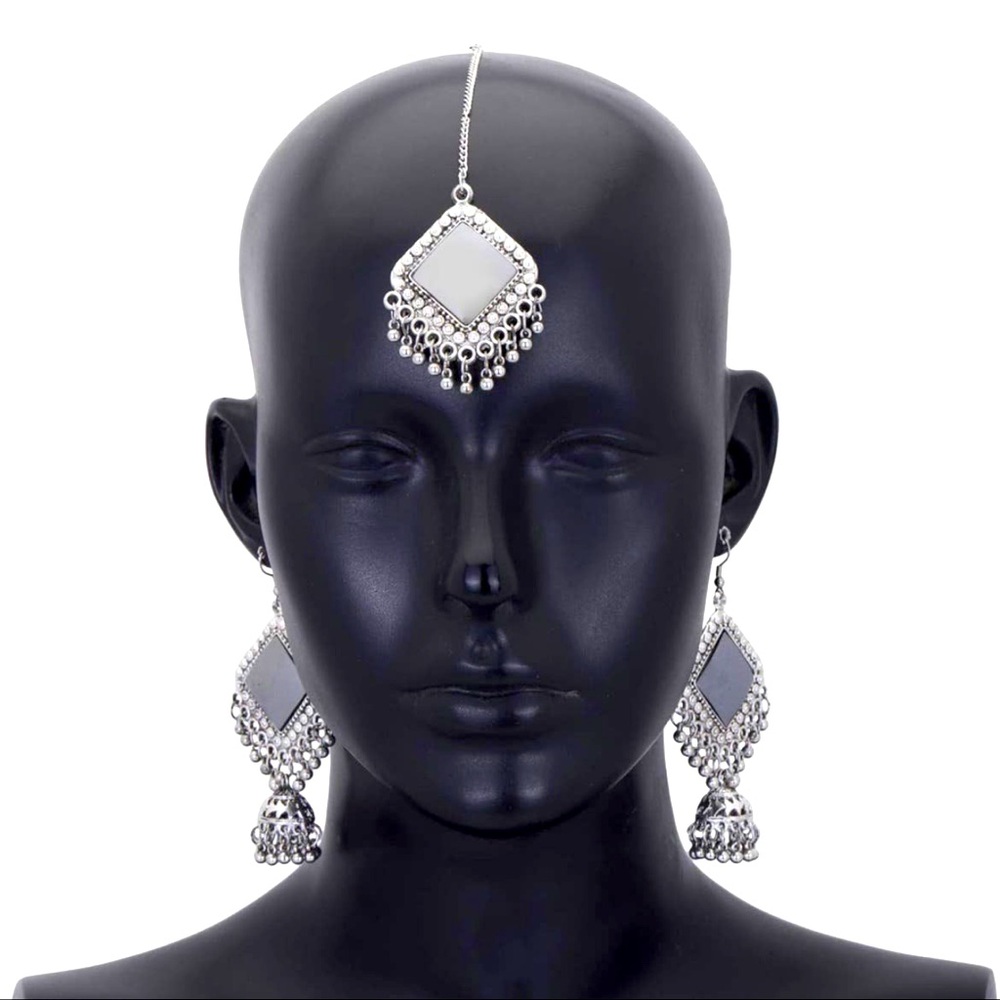 Indian / Pakistani / Afghani Tikka and Earring Silver Mirror Set